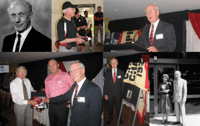 Multiple images, from left to right, top to bottom: Black and white image of Alan in a suit. Alan in club uniform with other club workers. Alan in suit speaking on stage. Alan and others posing for camera while holding a gift. Alan standing next to plaque of an Ainslie player. Black and white image of Alan out front of the club.