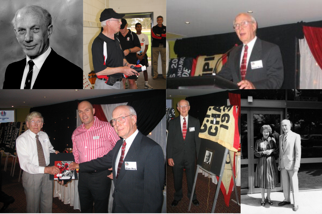 Multiple images, from left to right, top to bottom: Black and white image of Alan in a suit. Alan in club uniform with other club workers. Alan in suit speaking on stage. Alan and others posing for camera while holding a gift. Alan standing next to plaque of an Ainslie player. Black and white image of Alan out front of the club.