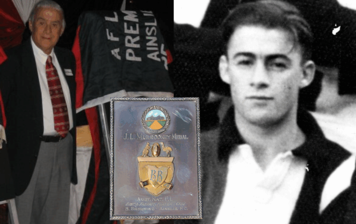 Three images: colour photo of Barry in suit next to club flags, pennants, uniforms all hung up around him. Barry's Mulrooney Medal. Black and white photo of Barry as a player in his jersey.