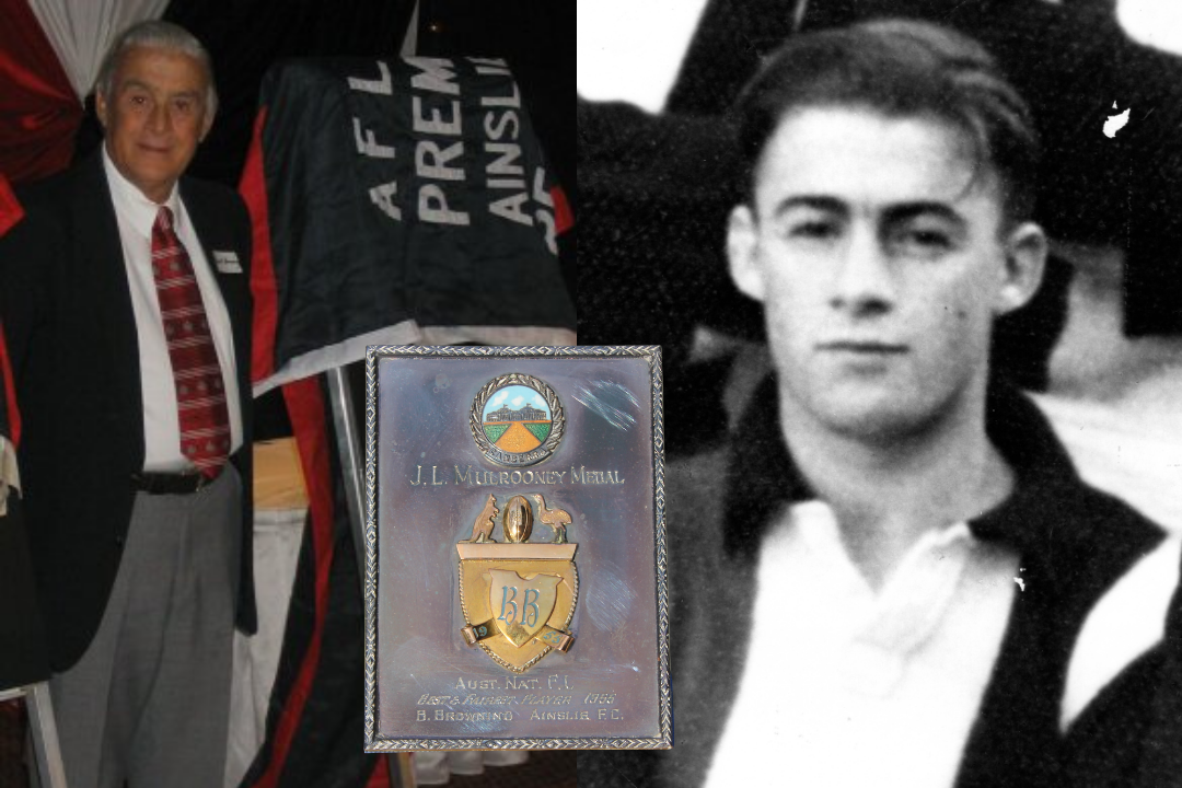Three images: colour photo of Barry in suit next to club flags, pennants, uniforms all hung up around him. Barry's Mulrooney Medal. Black and white photo of Barry as a player in his jersey.