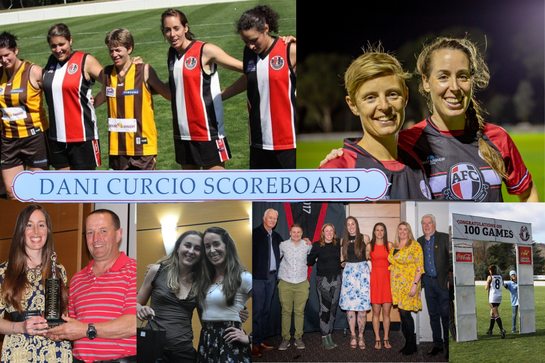 Multiple images: From left to right, top to bottom. Dani standing shoulder to shoulder with other Ainslie players and opposing players on the field. Dani standing next to another player. Image of the "Dani Curcio Scoreboard" plaque (scoreboard not shown). Dani receiving a trophy at the club next to someone else. Dani and another person posing in the club rooms. Dani standing alongside multiple other club members. Dani walking through a banner that reads: "Congratulations on 100 Games".