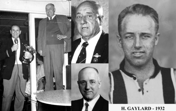 Multiple black and white images of Harry Gaylard. From left to right: Harry on stage next to Bob Bloomfield, Harry in suit, Harry in suit, Harry as a player in his jersey.
