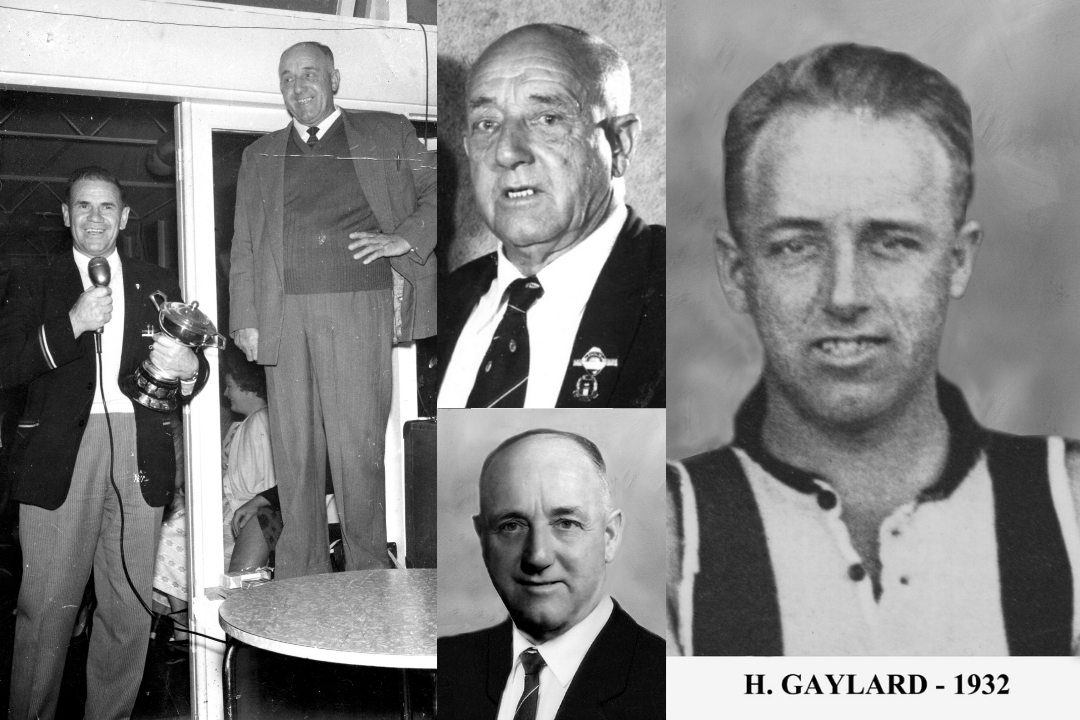 Multiple black and white images of Harry Gaylard. From left to right: Harry on stage next to Bob Bloomfield, Harry in suit, Harry in suit, Harry as a player in his jersey.