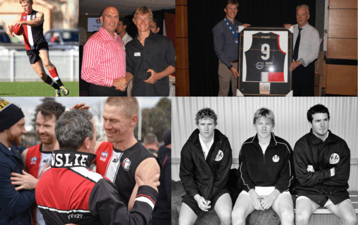 Multiple photos: From left to right, top to bottom. Ash mid-kick while on the field. Ash shaking hands with Ian Muir. Ash standing next to a framed jersey which is next to another person. Ash and other players celebrating after a game. Black and white photo of ash sitting next to two other players.