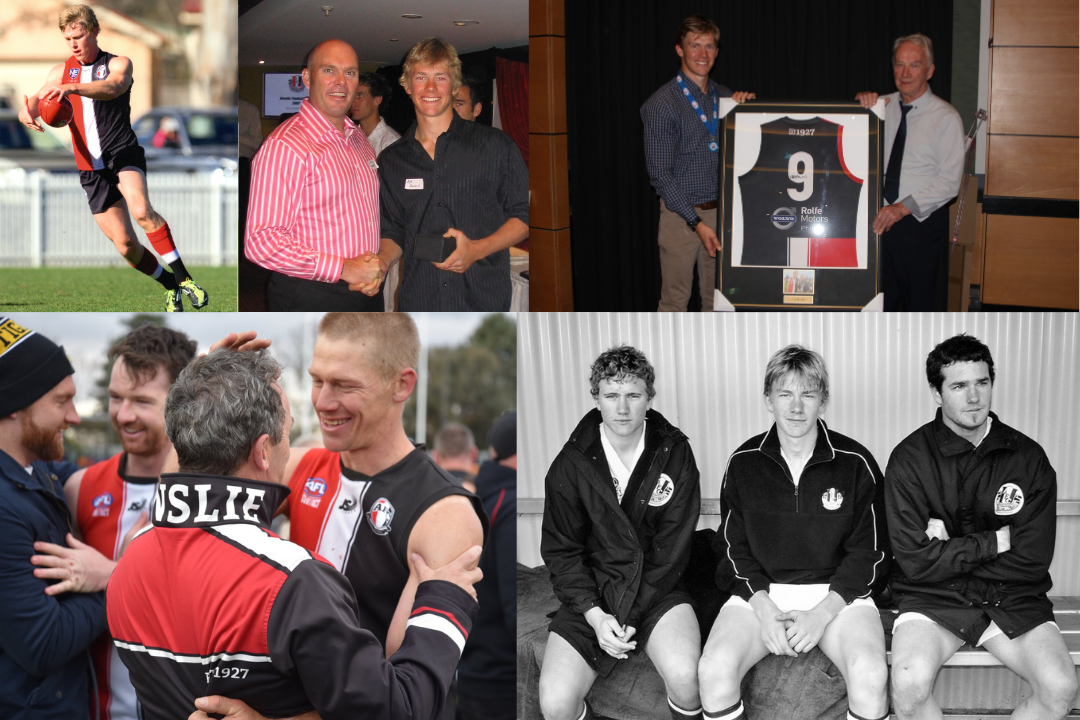 Multiple photos: From left to right, top to bottom. Ash mid-kick while on the field. Ash shaking hands with Ian Muir. Ash standing next to a framed jersey which is next to another person. Ash and other players celebrating after a game. Black and white photo of ash sitting next to two other players.