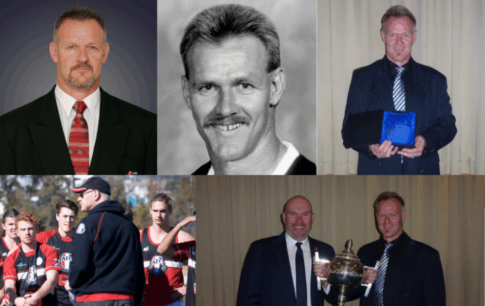 Multiple images: From right to left, top to bottom. Profile photo of Brett in a club suit. Black and white profile photo of Brett in his jersey. Photo of Brett in a suit holding a blue trophy. Photo of Brett in a cap and jumper in front of several players on the field. Photo of Brett and Ian Muir holding a trophy.