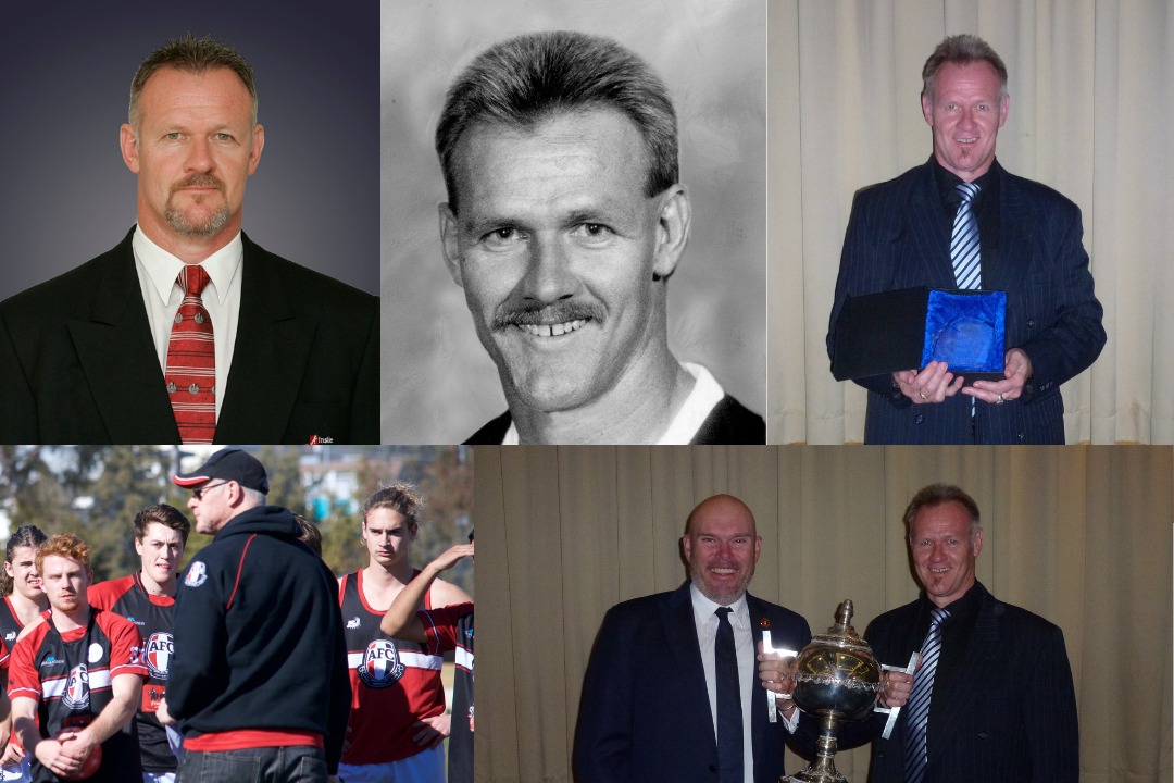 Multiple images: From right to left, top to bottom. Profile photo of Brett in a club suit. Black and white profile photo of Brett in his jersey. Photo of Brett in a suit holding a blue trophy. Photo of Brett in a cap and jumper in front of several players on the field. Photo of Brett and Ian Muir holding a trophy.