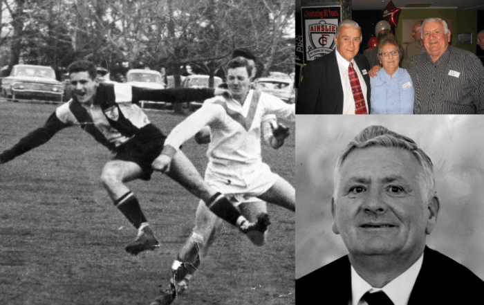 Multiple images: From left to right, top to bottom. Black and white image of Brian on the field mid-collision with another player. Photo of Brian standing shoulder to shoulder with other club members. Black and white profile photo of Brian.