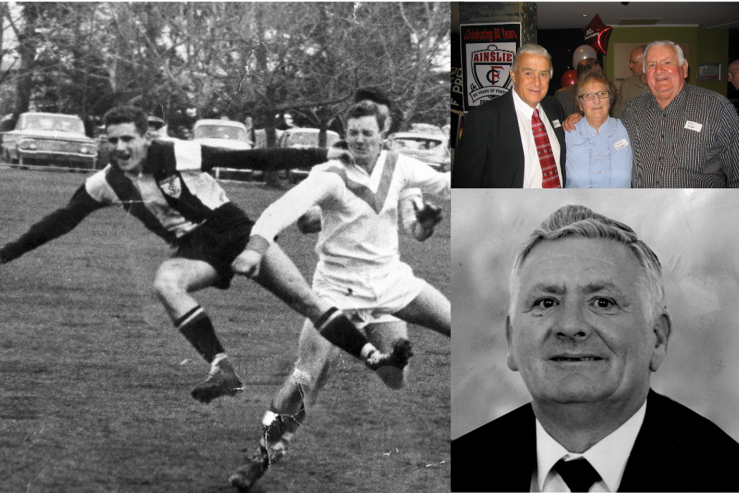 Multiple images: From left to right, top to bottom. Black and white image of Brian on the field mid-collision with another player. Photo of Brian standing shoulder to shoulder with other club members. Black and white profile photo of Brian.