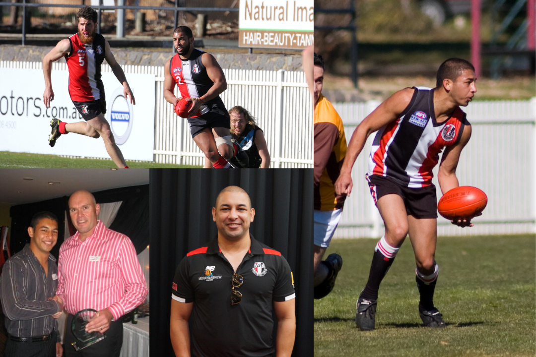 Multiple photos: From left to right, top to bottom. Giles on the field about to kick a ball next to another player. Giles on the field about to pass the ball off to someone out of frame. Giles standing next Ian Muir. Giles standing in front of the camera wearing an Ainslie club uniform.