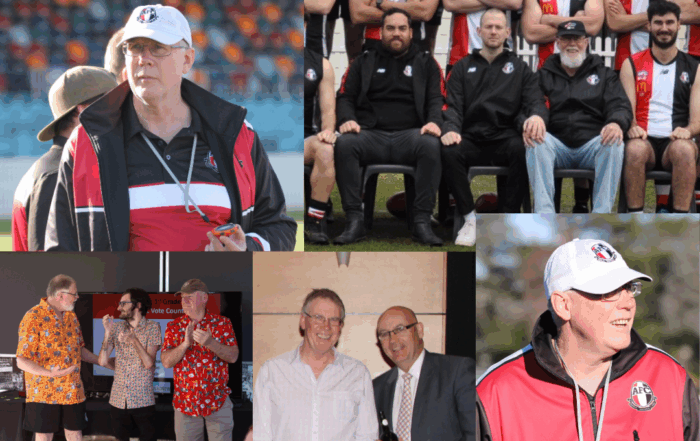 Multiple images: From left to right, top to bottom. Glenn wearing Club cap, shirt, and jumper. Standing on the field and holding an orange stopwatch. Glen sat beside other club members and players in a team photo. Glen standing next to two other club members. Glenn Standing next to another club member while both hold bottles of wine. Glenn wearing club cap, and jacket standing on the field.