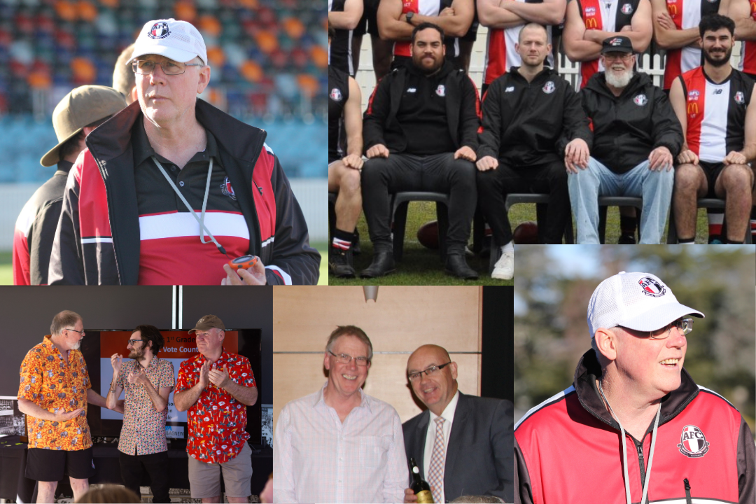 Multiple images: From left to right, top to bottom. Glenn wearing Club cap, shirt, and jumper. Standing on the field and holding an orange stopwatch. Glen sat beside other club members and players in a team photo. Glen standing next to two other club members. Glenn Standing next to another club member while both hold bottles of wine. Glenn wearing club cap, and jacket standing on the field.