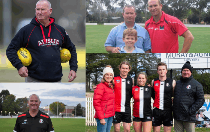 Multiple images: From left to right, top to bottom. Greg on the field wearing an Ainslie Football Club jumper and holding two yellow footballs. Greg standing next to another man and a child on the field. Greg standing by himself on the field. Greg and his family, wearing club shirts or club jerseys.