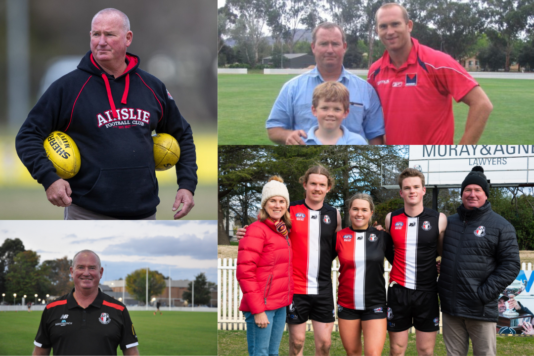 Multiple images: From left to right, top to bottom. Greg on the field wearing an Ainslie Football Club jumper and holding two yellow footballs. Greg standing next to another man and a child on the field. Greg standing by himself on the field. Greg and his family, wearing club shirts or club jerseys.