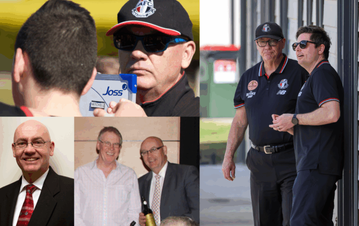 Multiple images: From left to right, top to bottom. Greg wearing a club cap and suit holding a handheld white board next to some Ainslie players. Greg and another person wearing club uniforms standing in front of the Team's room. Profile photo of Greg wearing a suit. Photo of Greg and another person holding bottles of wine and looking into the camera.