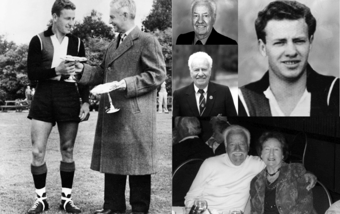 Multiple images: From left to right, top to bottom. Black and white photo of Barry on the field in his jersey holding a trophy next to a club official. Two black and white profile photos of Barry in a suit. Black and white profile photo of Barry in his jersey. Black and White photo of Barry sitting at a club dinner table with his wife.