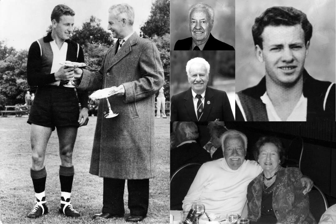 Multiple images: From left to right, top to bottom. Black and white photo of Barry on the field in his jersey holding a trophy next to a club official. Two black and white profile photos of Barry in a suit. Black and white profile photo of Barry in his jersey. Black and White photo of Barry sitting at a club dinner table with his wife.