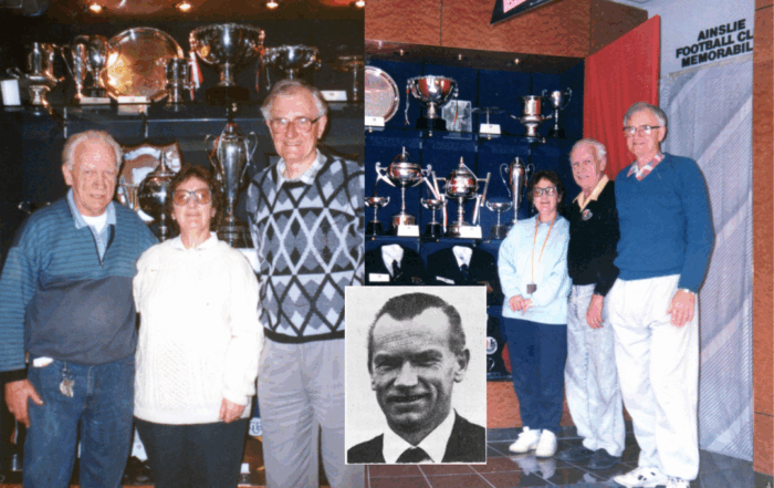 Multiple images: From left to right, top to bottom. Photo of James and two other club members standing in front of the club trophy cabinet. James and two others standing beside the club trophy cabinet. Black and white profile photo of James in a suit.