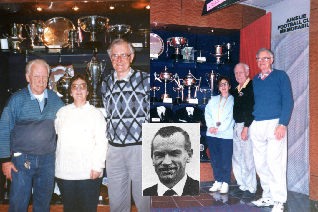 Multiple images: From left to right, top to bottom. Photo of James and two other club members standing in front of the club trophy cabinet. James and two others standing beside the club trophy cabinet. Black and white profile photo of James in a suit.