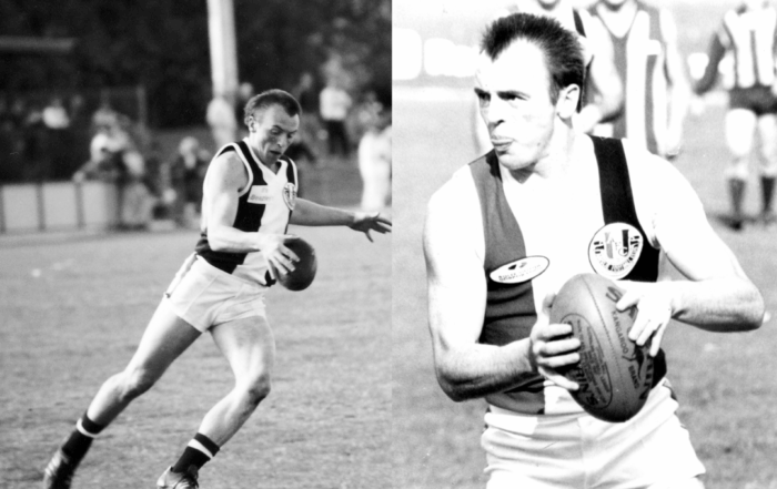 Two photos. On the left a black and white photo of Jeff mid kick on the field. On the right, a black and white photo of Jeff on the field holding the ball.