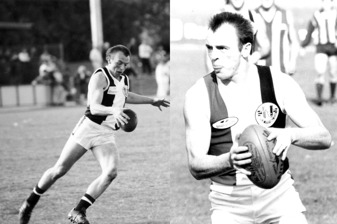 Two photos. On the left a black and white photo of Jeff mid kick on the field. On the right, a black and white photo of Jeff on the field holding the ball.