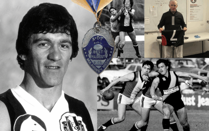 Multiple images: from left to right, top to bottom. Black and white profile photo of John wearing his jersey. Image of Johns Best and Fairest Mulrooney Medal number 198. Black and white photo of John mid-collision with another player on the field. Photo of John in front of a whiteboard holding a jersey. Black and white photo of John mid-collision with two players on field.