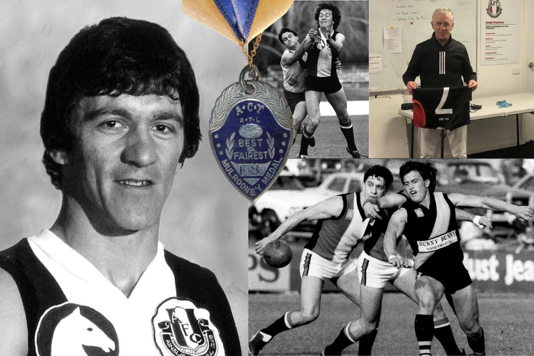 Multiple images: from left to right, top to bottom. Black and white profile photo of John wearing his jersey. Image of Johns Best and Fairest Mulrooney Medal number 198. Black and white photo of John mid-collision with another player on the field. Photo of John in front of a whiteboard holding a jersey. Black and white photo of John mid-collision with two players on field.