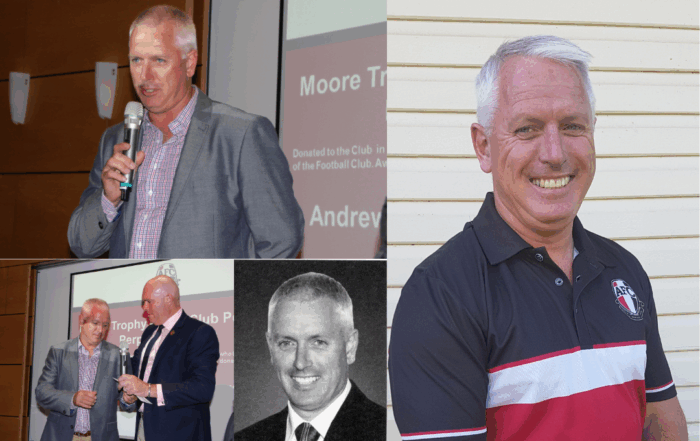 Multiple images: From left to right, top to bottom. John wearing a suit and talking into a microphone. John wearing a club shirt, smiling at the camera. John standing next to Ian muir. Black and white profile photo of John wearing a suit.