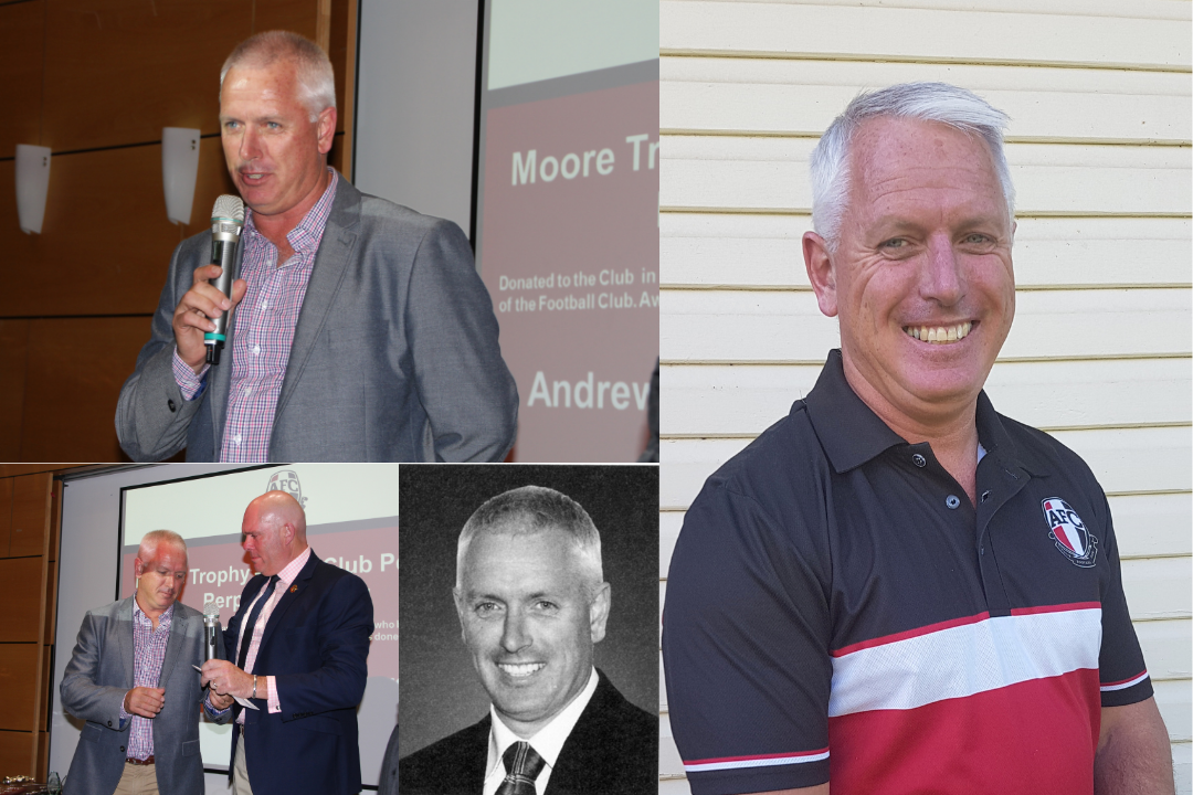 Multiple images: From left to right, top to bottom. John wearing a suit and talking into a microphone. John wearing a club shirt, smiling at the camera. John standing next to Ian muir. Black and white profile photo of John wearing a suit.