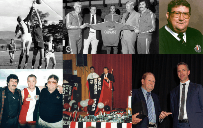 Multiple images, from left to right, top to bottom: Black and white photo of Keith as a player on the field among other players. Black and white photo of keith and other club members holding a jumper that reads " Ainslie have courage. Keith wearing an Ainslie club jumper. Keith standing shoulder to shoulder next to an Ainslie player and another club member. Keith on stage giving a speech. Keith wearing a suit talking to another person.