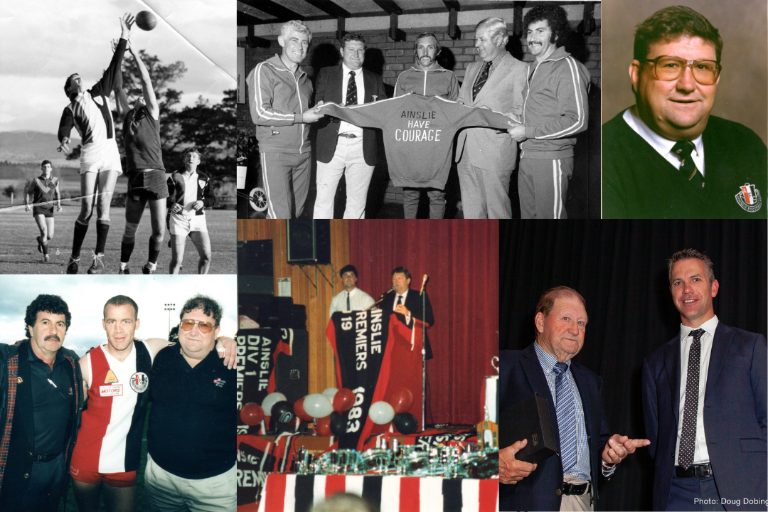 Multiple images, from left to right, top to bottom: Black and white photo of Keith as a player on the field among other players. Black and white photo of keith and other club members holding a jumper that reads " Ainslie have courage. Keith wearing an Ainslie club jumper. Keith standing shoulder to shoulder next to an Ainslie player and another club member. Keith on stage giving a speech. Keith wearing a suit talking to another person.