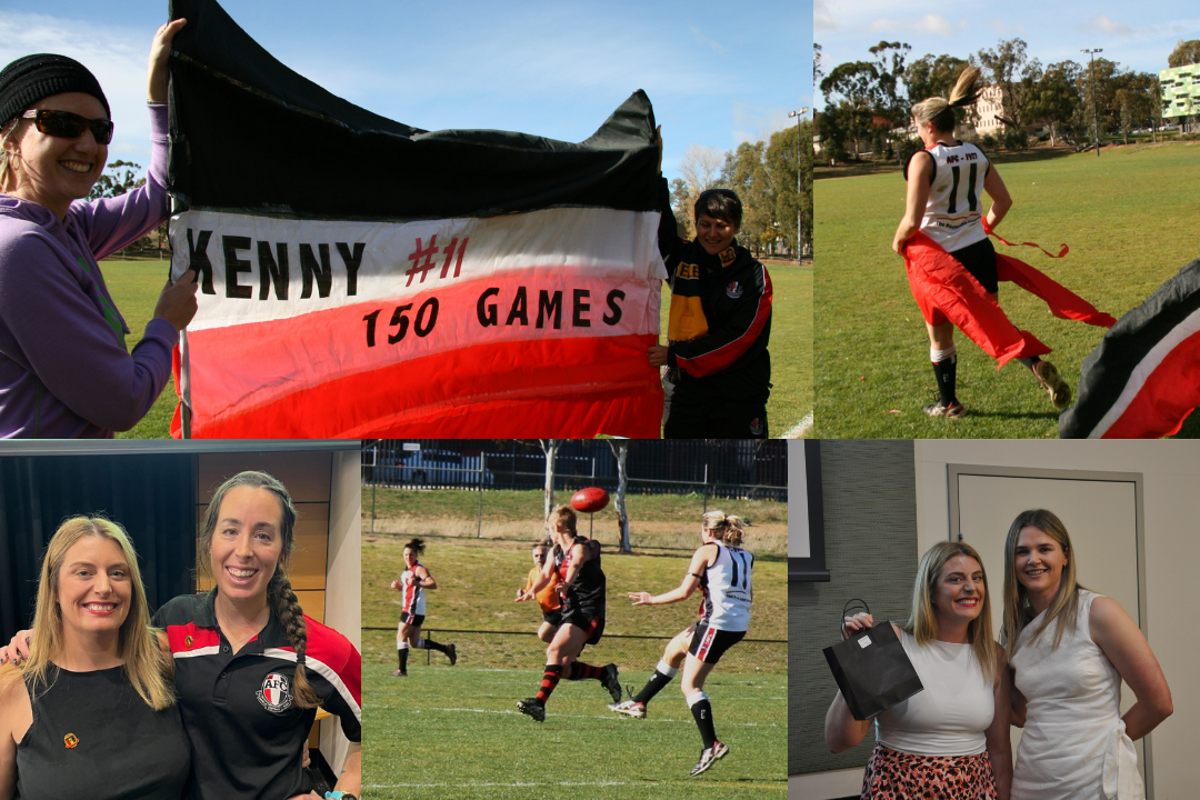 Multiple images: From left to right, top to bottom. Two people holding up a banner that reads: "Kenny #11 150 games. Kendelle just after running through the banner in the previous image, parts of the banner trailing off around her midsection and behind her. Kendell and another person posing for the camera in the club rooms. Kendelle on the field just after kicking a ball. Kendelle and another person posing for the camera in the club rooms.