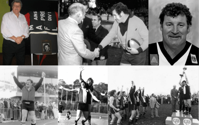 Multiple images: from left to right, top to bottom. Kevin standing next to a small portrait of himself. Black and white photo of Kevin as a player holding a ball and shaking hands with people. Black and white profile photo of Kevin in his player jersey. Black and white photo of Kevin cheering in front of the crowd. Black and white photo of Kevin mid collision with another player on the field. Black and white photo of Kevin standing on a podium holding up a trophy while his team and a crowd cheer.
