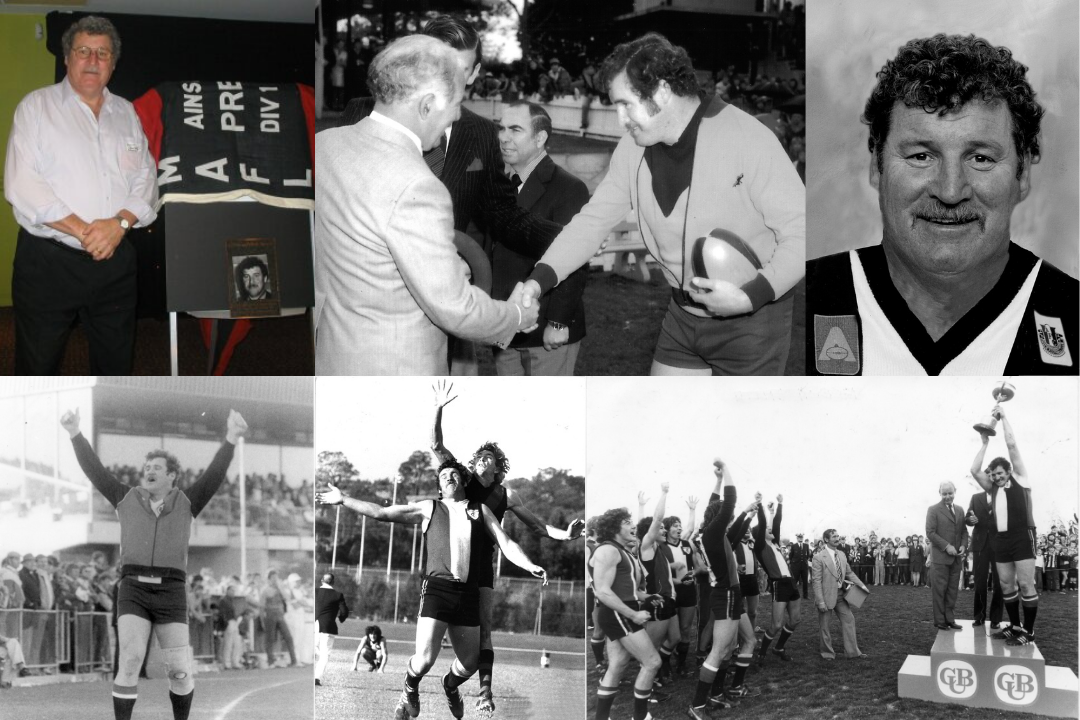 Multiple images: from left to right, top to bottom. Kevin standing next to a small portrait of himself. Black and white photo of Kevin as a player holding a ball and shaking hands with people. Black and white profile photo of Kevin in his player jersey. Black and white photo of Kevin cheering in front of the crowd. Black and white photo of Kevin mid collision with another player on the field. Black and white photo of Kevin standing on a podium holding up a trophy while his team and a crowd cheer.