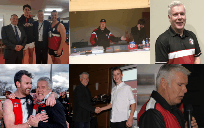 Multiple images: From left to right, top to bottom. Lee standing next to two players, and another club member. Lee running the canteen, wearing a club jumper. Lee wearing a club shirt and looking toward the camera. Lee embracing a player, both cheering amongst the crowd. Lee shaking hands with a young man and handing him a trophy. Lee with eyes closed, wearing a club shirt.