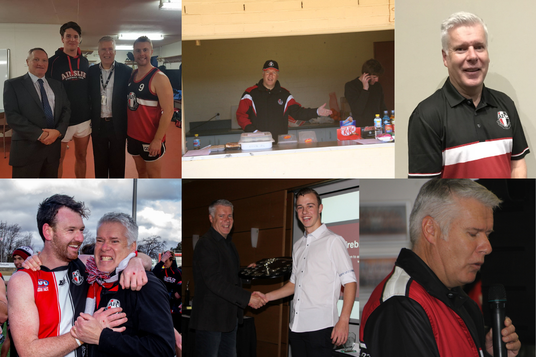 Multiple images: From left to right, top to bottom. Lee standing next to two players, and another club member. Lee running the canteen, wearing a club jumper. Lee wearing a club shirt and looking toward the camera. Lee embracing a player, both cheering amongst the crowd. Lee shaking hands with a young man and handing him a trophy. Lee with eyes closed, wearing a club shirt.