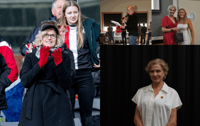 Multiple images: From left to right, top to bottom. Linda, wearing a black coat, red gloves, and a black and white scarf cheering from the stands watching Ainslie play. Linda speaking into a microphone reading to people at the club. Linda standing next to another person posing for the camera. Linda in a plane white shirt posing for the camera.
