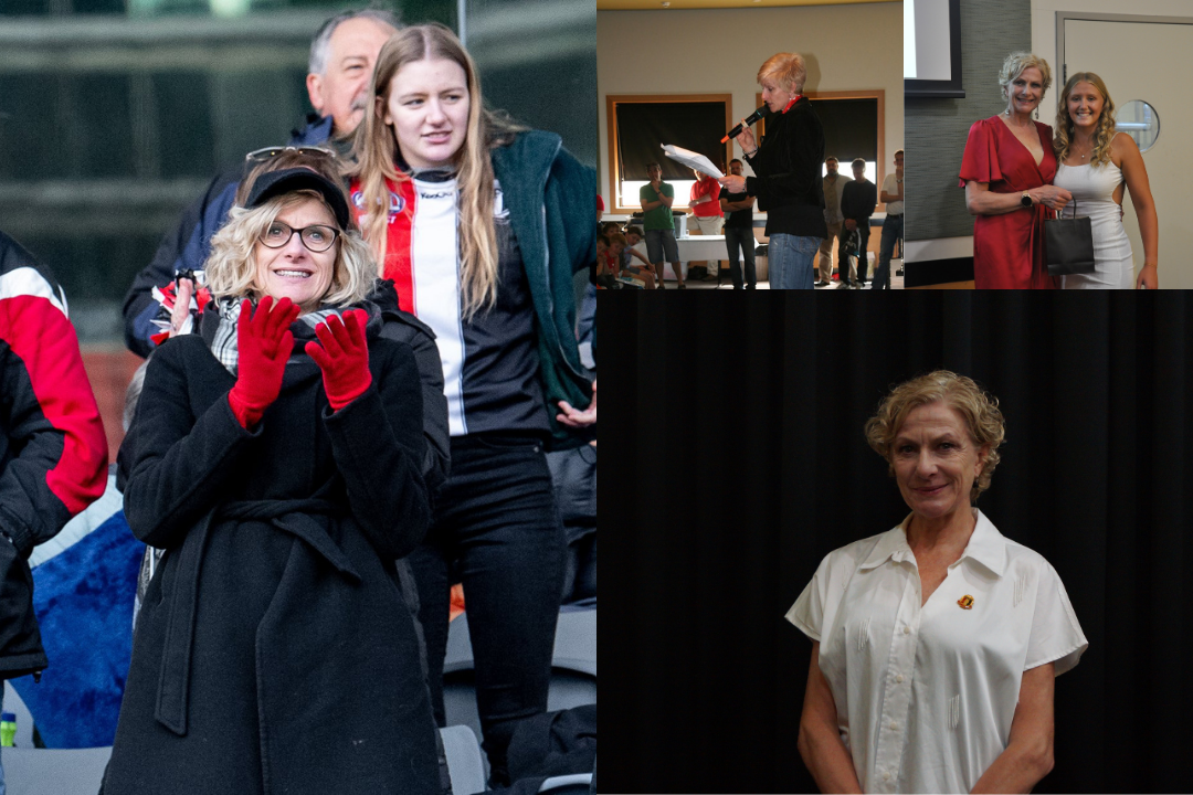 Multiple images: From left to right, top to bottom. Linda, wearing a black coat, red gloves, and a black and white scarf cheering from the stands watching Ainslie play. Linda speaking into a microphone reading to people at the club. Linda standing next to another person posing for the camera. Linda in a plane white shirt posing for the camera.
