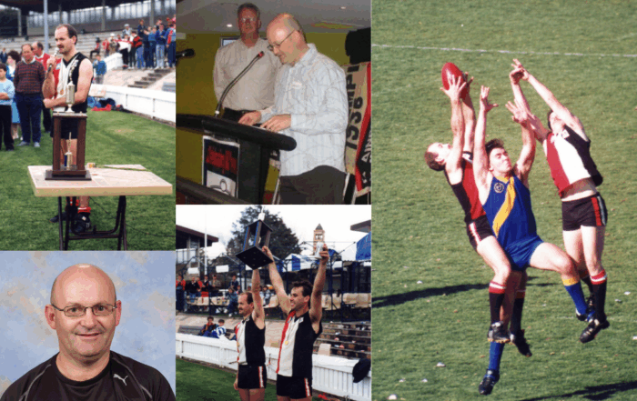 Multiple images: From left to right, top to bottom. Malcom on the microphone wearing his jersey and standing in front of a trophy. Malcolm standing a a podium speaking into a microphone at the club. Malcom and a teammate both contesting an opposing player and catching the ball on the field. profile photo of Malcolm wearing a black shirt. Malcolm and a teammate holding up a trophy next to the edge of the field.