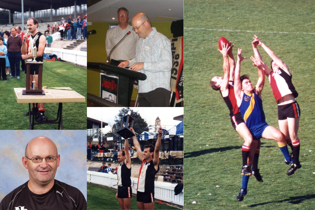 Multiple images: From left to right, top to bottom. Malcom on the microphone wearing his jersey and standing in front of a trophy. Malcolm standing a a podium speaking into a microphone at the club. Malcom and a teammate both contesting an opposing player and catching the ball on the field. profile photo of Malcolm wearing a black shirt. Malcolm and a teammate holding up a trophy next to the edge of the field.