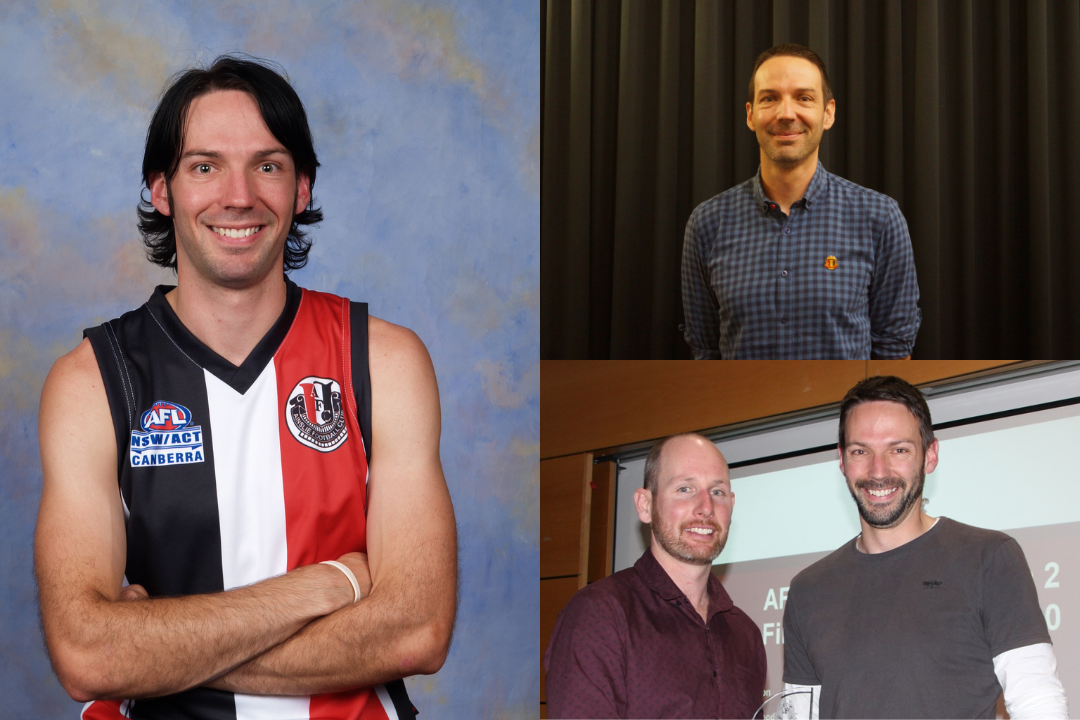 Multiple photos: From left to right, top to bottom. Photo of Mark in his jersey. Photo of mark in a blue polo shirt. Photo of Mark next to another person.