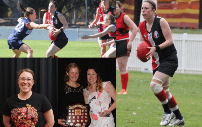 Multiple photos: From left to right, top to bottom. Meredeth and other players on the field contesting the ball. Meredeth on the field about to kick the ball. Meredeth smiling toward the camera. Meredeth and another person holding a trophy and a plaque.