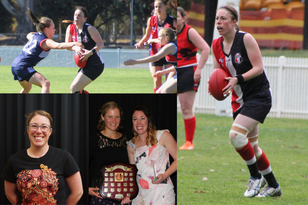 Multiple photos: From left to right, top to bottom. Meredeth and other players on the field contesting the ball. Meredeth on the field about to kick the ball. Meredeth smiling toward the camera. Meredeth and another person holding a trophy and a plaque.