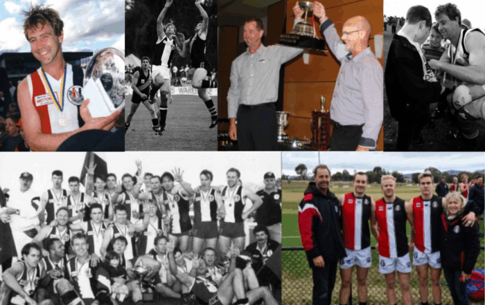 Multiple images: From left to right, top to bottom. Michael in his jersey wearing a medal and holding a trophy. Black and white photo of Michael mid collision with another player on the field. Photo of Michael holding up a trophy with another club member. Black and white photo of Michael kneeling down to talk to young supporters. Black and white photo of Michael amongst a his team all wearing medals and celebrating. Photo of Michael standing next to 3 players.