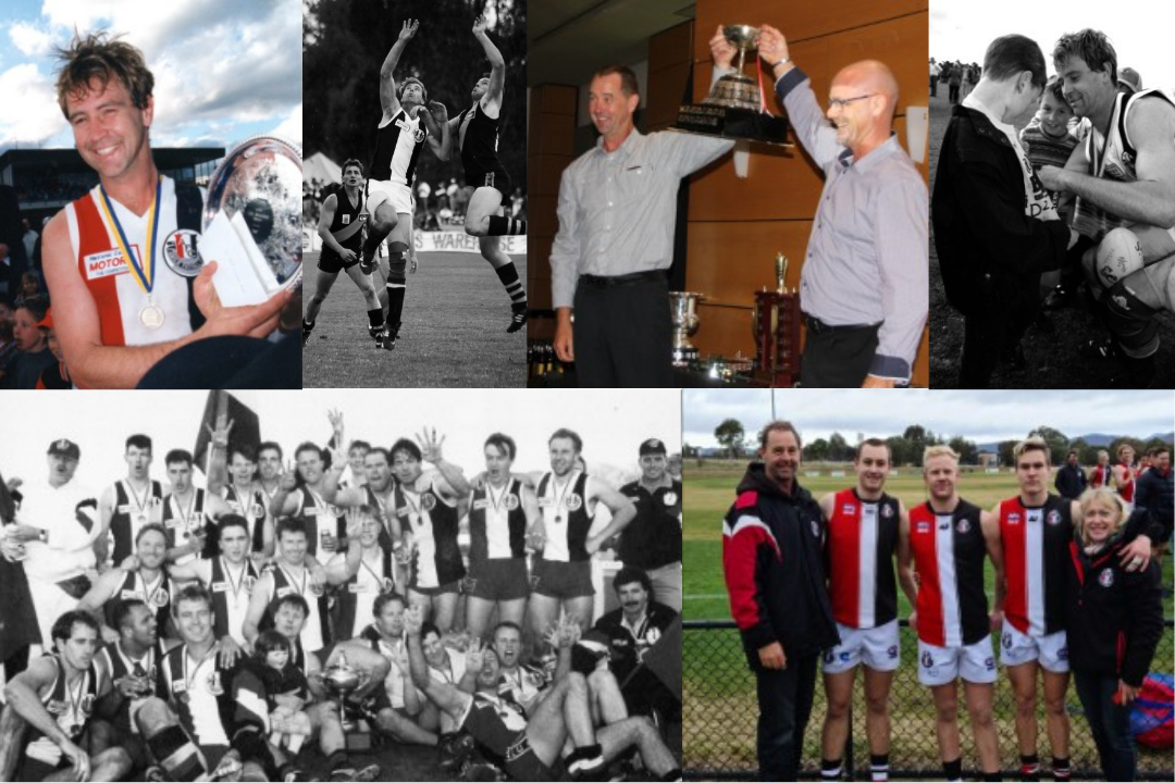 Multiple images: From left to right, top to bottom. Michael in his jersey wearing a medal and holding a trophy. Black and white photo of Michael mid collision with another player on the field. Photo of Michael holding up a trophy with another club member. Black and white photo of Michael kneeling down to talk to young supporters. Black and white photo of Michael amongst a his team all wearing medals and celebrating. Photo of Michael standing next to 3 players.