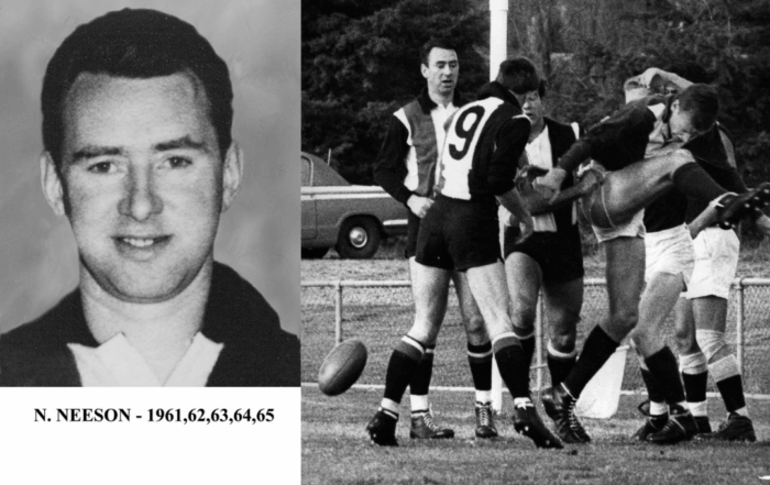 Two black and white images. First of Norm as a player in his jersey, second of Norm on the field in a group of other players.