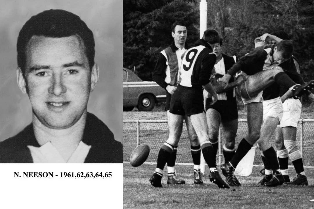 Two black and white images. First of Norm as a player in his jersey, second of Norm on the field in a group of other players.