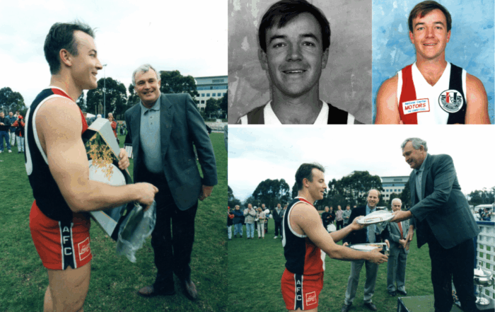 Multiple images: From left to right, top to bottom. Reece standing on the field holding a trophy. Black and white profile photo of Reece wearing a jersey. Same profile photo of Reece but in colour and more zoomed out. Reece on the field being handed a trophy by a man on a stage.