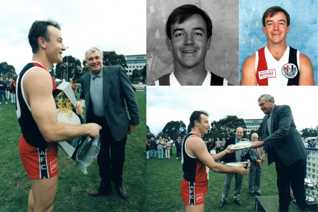 Multiple images: From left to right, top to bottom. Reece standing on the field holding a trophy. Black and white profile photo of Reece wearing a jersey. Same profile photo of Reece but in colour and more zoomed out. Reece on the field being handed a trophy by a man on a stage.