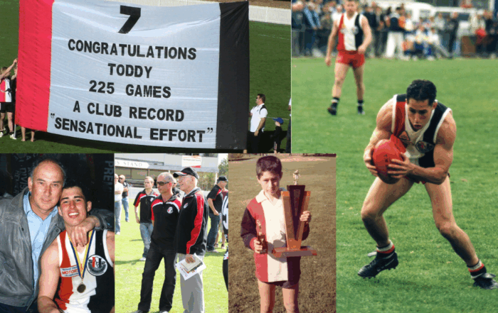 Multiple images: from left to right, top to bottom. A Banner being held by Ainslie players that reads " 7. Congratulations Toddy. 225 games, A club record "Sensational effort"" A photo of Todd holding a ball on the field. Photo of told embraced by another while Todd is wearing his jersey and a medal. Todd and others wearing club uniforms and walking around the field. Todd as a child holding two trophies, one small one large.